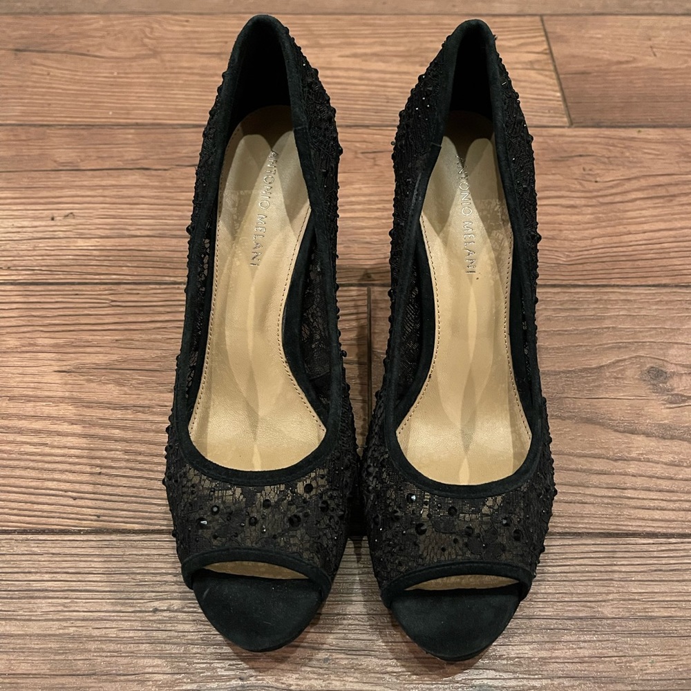 Antonio Melani Sequin Peep Toe Heels Sheer Beaded Sparkles Size 9.5